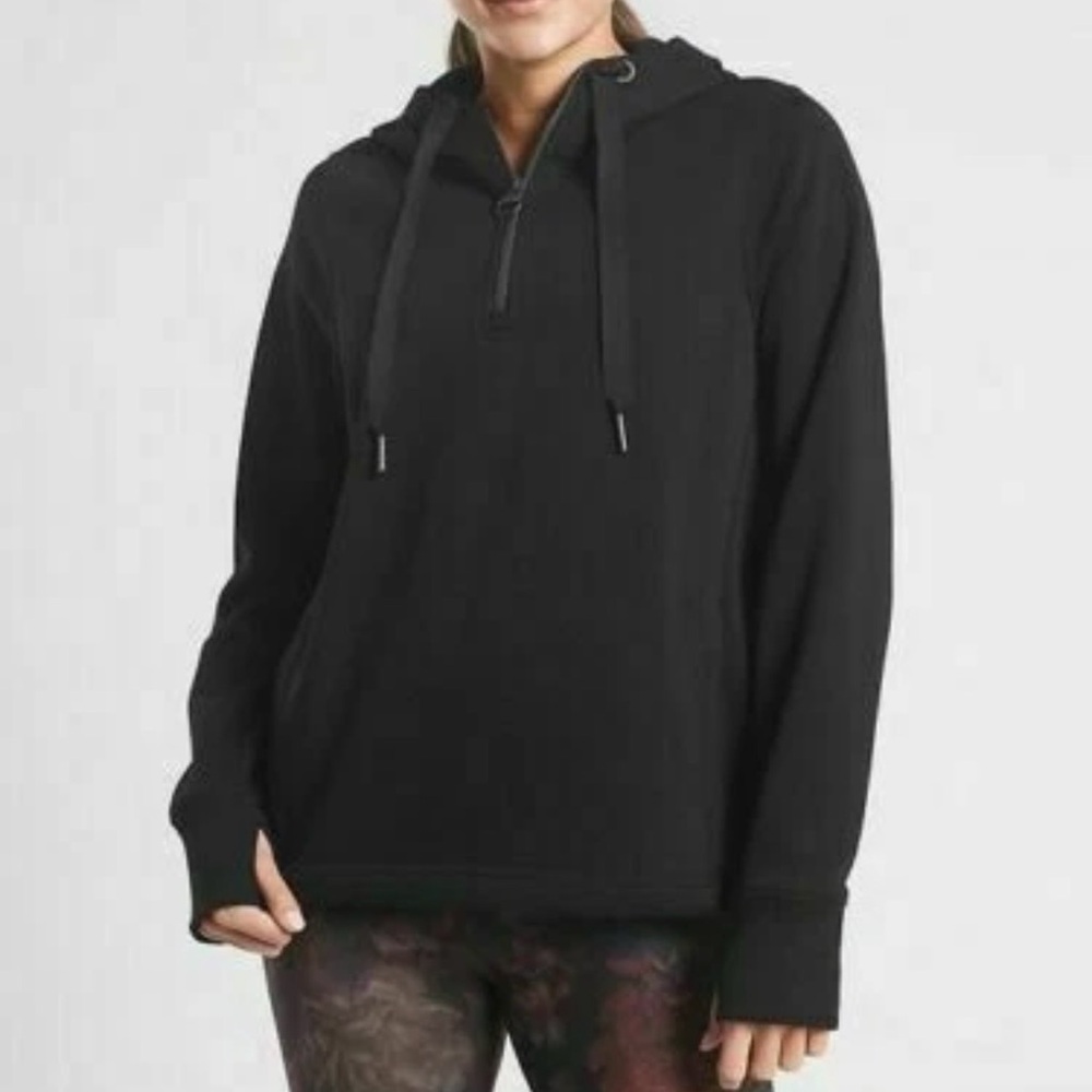 Athleta Womens Black Cozy Karma 1/4 Zip Hoodie Sweatshirt Long Sleeve Size M